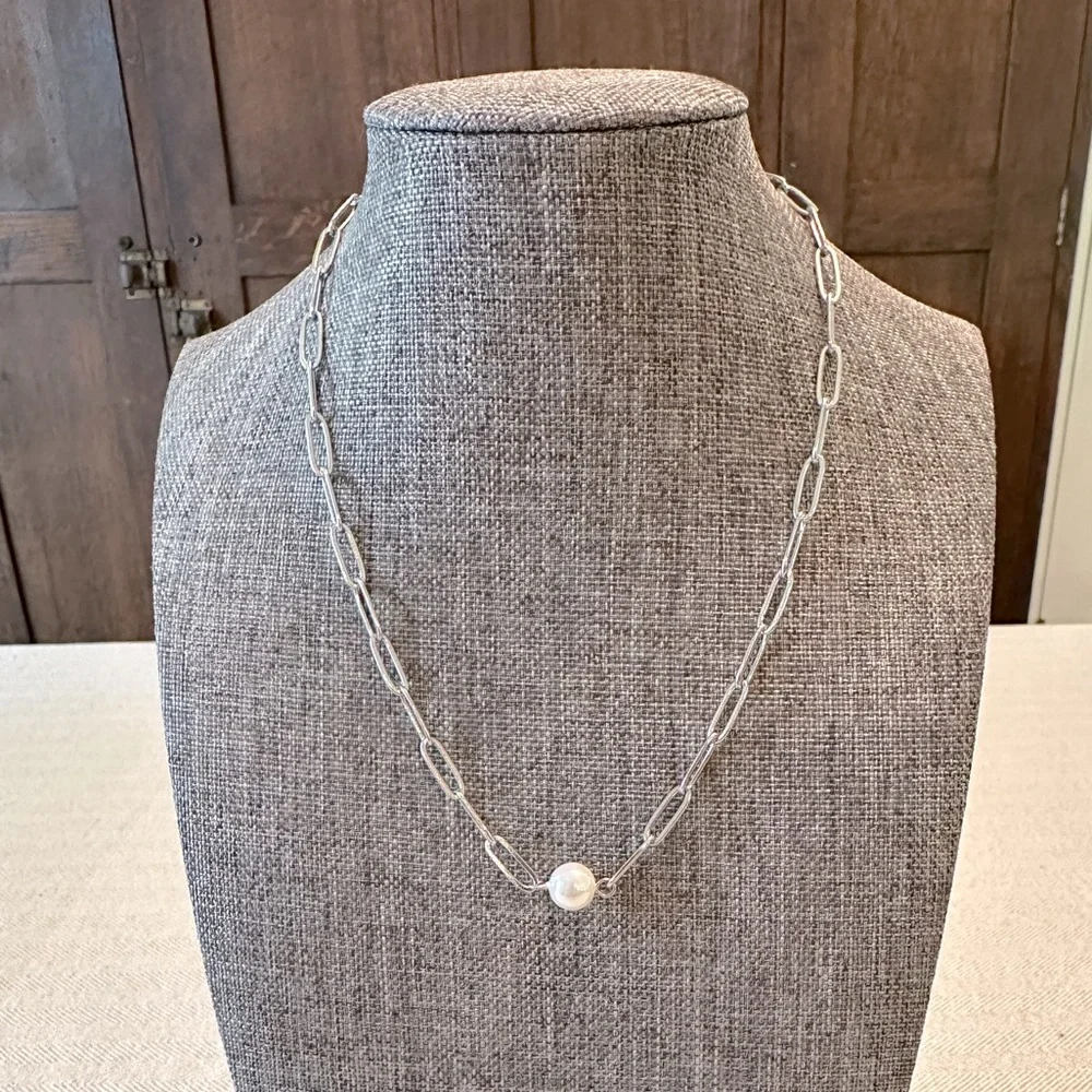 Stainless Steel Paperclip Chain Faux Pearl Necklace Adjustable for Layering - Picture 4 of 7